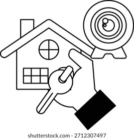 A house with a key in a hand. The house is a small one