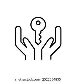 House key in hands. Gaining access to real estate or securely protected data. Pixel perfect, editable stroke icon