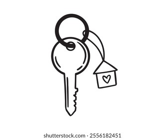 house key with heart doodle hand drawn icon. Outline drawing home key line clipart symbol. Vector illustration