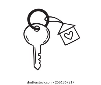 house key with heart doodle hand drawn icon. Outline drawing home key line clipart symbol. Vector illustration