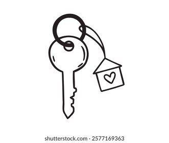 house key with heart doodle hand drawn icon. Outline drawing home key line clipart symbol. Vector illustration