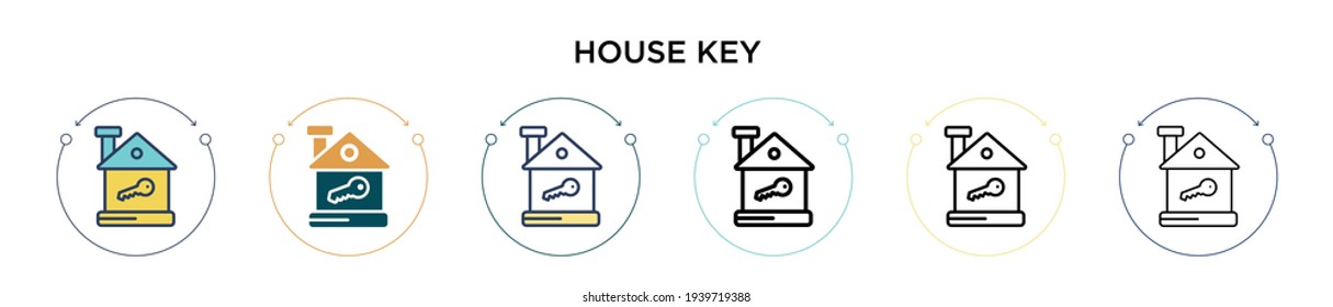 House key icon in filled, thin line, outline and stroke style. Vector illustration of two colored and black house key vector icons designs can be used for mobile, ui, web
