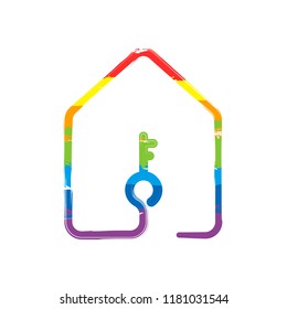 house with key icon. line style. Drawing sign with LGBT style, seven colors of rainbow (red, orange, yellow, green, blue, indigo, violet