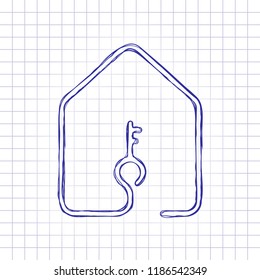 house with key icon. line style. Hand drawn picture on paper sheet. Blue ink, outline sketch style. Doodle on checkered background