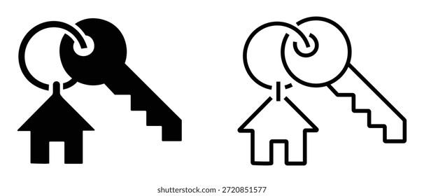 Casa con icono de llave. llavero y un medallón de casa colgante. Pictograma de la llave de casa. Símbolo de la llave de la casa. Ilustración vectorial.