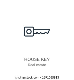 House key icon. Thin linear house key outline icon isolated on white background from real estate collection. Line vector sign, symbol for web and mobile
