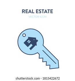 House key icon. Vector illustration of a key with a small house image on it representing purchase of real estate, home, apartment. Handover of apartment keys vector icon