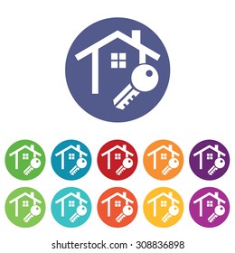House key icons set, on colored circles, isolated on white