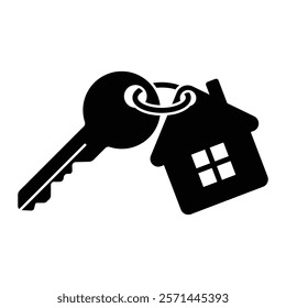 House key with keychain vector icon. Real estate symbol for home ownership, security, and property management. Black silhouette isolated on white background.