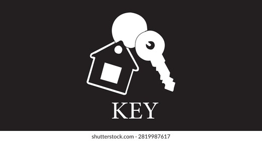 House key with keyring minimalist white icon real estate key tag home ownership access control property management estate agent vector graphic safe house property security ownership