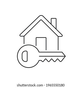 House with key linear icon. Real estate. Thin line customizable illustration. Contour symbol. Vector isolated outline drawing. Editable stroke