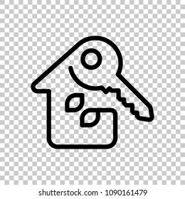 House with key. Linear icon with thin outline. One line style. On transparent background.