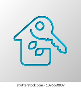 House with key. Linear icon with thin outline. One line style. Paper design. Cutted symbol with shadow