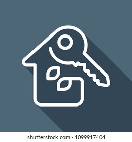 House with key. Linear icon with thin outline. One line style. White flat icon with long shadow on background