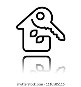 House with key. Linear icon with thin outline. One line style. Black icon with mirror reflection on white background