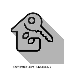 House with key. Linear icon with thin outline. One line style. Black object with long shadow on white background