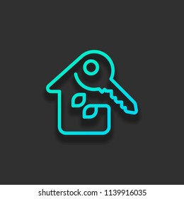 House with key. Linear icon with thin outline. One line style. Colorful logo concept with soft shadow on dark background. Icon color of azure ocean