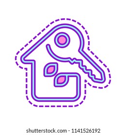 House with key. Linear icon with thin outline. One line style. Colored sketch with dotted border on white background