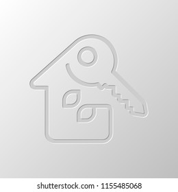 House with key. Linear icon with thin outline. One line style. Paper design. Cutted symbol. Pitted style