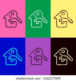 House with key. Linear icon with thin outline. One line style. Pop art style. Scratched icons on 6 colour backgrounds. 