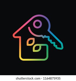 House with key. Linear icon with thin outline. One line style. Rainbow color and dark background