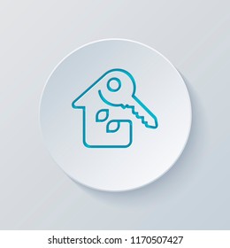 House with key. Linear icon with thin outline. One line style. Cut circle with gray and blue layers. Paper style