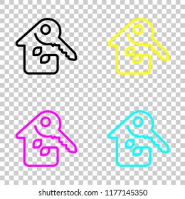 House with key. Linear icon with thin outline. One line style. Colored set of cmyk icons on transparent background