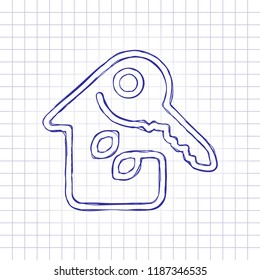 House with key. Linear icon with thin outline. One line style. Hand drawn picture on paper sheet. Blue ink, outline sketch style. Doodle on checkered background
