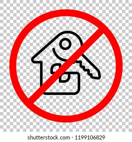 House with key. Linear icon with thin outline. One line style. Not allowed, black object in red warning sign with transparent background