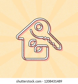 House with key. Linear icon with thin outline. One line style. Vintage retro typography with offset printing effect. Dots poster with comics pop art background