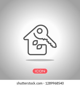 House with key. Linear icon with thin outline. One line style. Icon under spotlight. Gray background