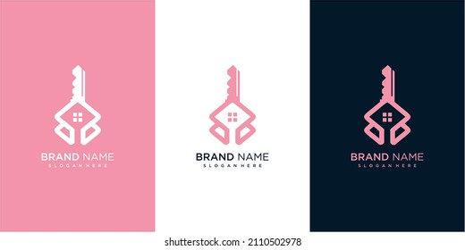 house key logo design concept in pink color. key house logo design template