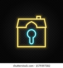 house, key neon icon. Blue and yellow neon vector icon.
