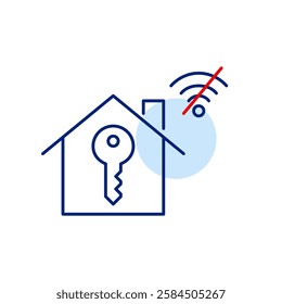 House, key and no wi-fi symbol. Smart lock offline, manual entry required. Pixel perfect, editable stroke vector icon