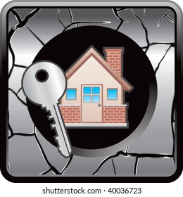 casa y clave en el botón web de plata craqueada