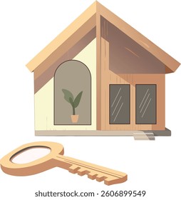 A house with a key on the ground in front of it. The house is a small, wooden structure with a window and a plant