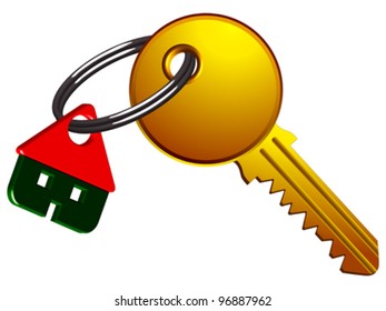 house and key on the same ring against white background, abstract vector art illustration