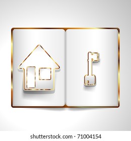 House and key in open book. Vector.