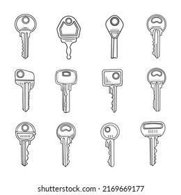 House Key Outline Set. A Sketch Of An Object Opening A Door Lock. Hand Drawn Thin Line Art Vector Illustration. Isolated Simple Element.