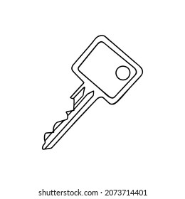House key outline. Sketch of an object that opens a door lock, safe. Hand drawn thin line art vector illustration. Isolated simple element.