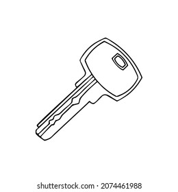 House key outline. Sketch of an object that opens a door lock, safe. Hand drawn thin line art vector illustration. Isolated simple element.