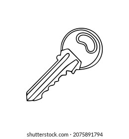Esquema de la clave de la casa. Esbozo de un objeto que abre una cerradura de puerta, seguro. Ilustración vectorial de la línea delgada dibujada a mano. Elemento simple aislado.