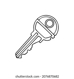 House key outline. Sketch of an object that opens a door lock, safe. Hand drawn thin line art vector illustration. Isolated simple element.