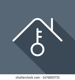 House and key, own home, outline design. White flat icon with long shadow on blue background