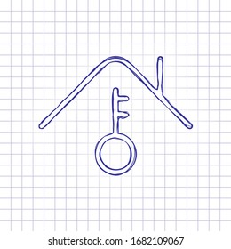 House and key, own home, outline design. Hand drawn picture on paper sheet. Blue ink, outline sketch style. Doodle on checkered background