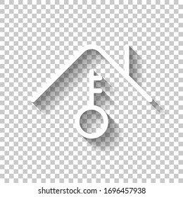 House and key, own home, outline design. White icon with shadow on transparent background