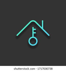 House and key, own home, outline design. Colorful logo concept with soft shadow on dark background. Icon color of azure ocean