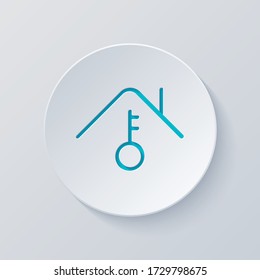 House and key, own home, outline design. Cut circle with gray and blue layers. Paper style