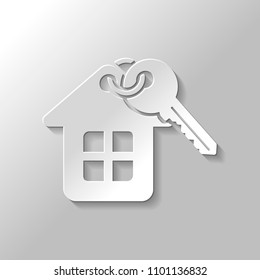 House with key. Paper style with shadow on gray background