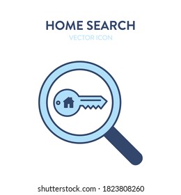House key search icon. Vector illustration of a magnifier tool and a home key with a home icon on it. Represents concept of searching and finding a key, search for an apartment, home, living place
